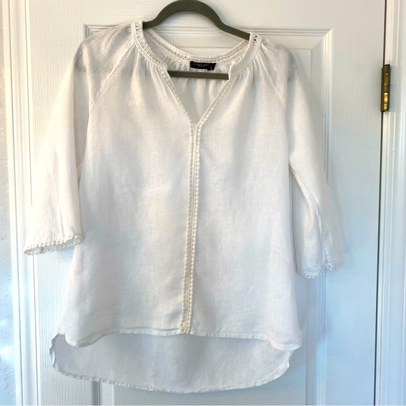 Lungo L’Arno Linen Blouse Shirt Top Embroidered Neckline White Size S - Picture 3 of 11